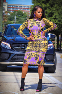 Coachella Purple Black Mural Print Gold Long Sleeve Bodycon Dress - A' LA' POSH Clothing